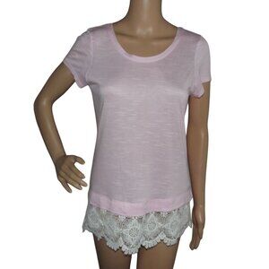INC T-Shirt Womens Size Small Pink Ivory Lace Trim round neck shirt sleeve top